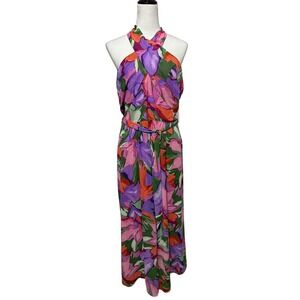 London Style Collection Dress Women 12 Multi Floral Maxi Halter Neck Sleeveless